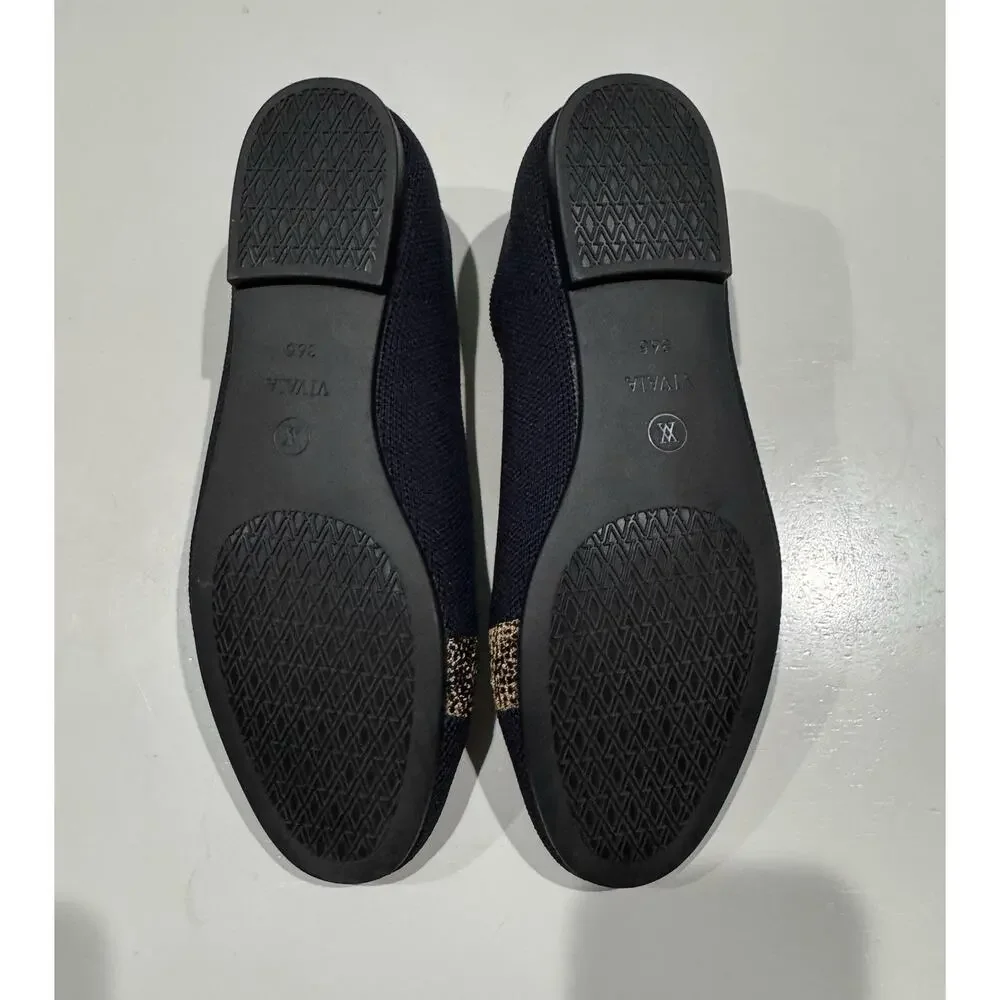 Vivaia NWOB Womens Navy Round Toe Cheetah Embroidered Audrey Flat Loafers 36.5
